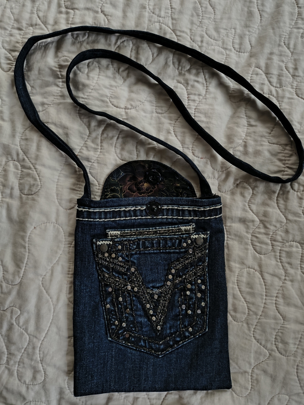 Women's Dark Blue Denim Crossbody Belt Bag Decorative Studded Double Pocket